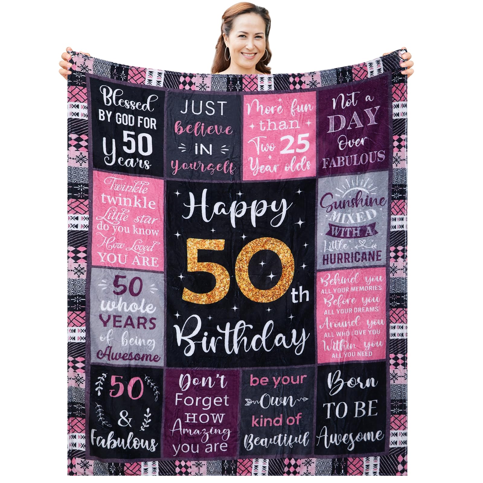 50th Birthday Gifts for Women Pink Blanket 150x130CM, 50th Birthday Decorations for Women, Cozy Soft Throw Blanket, 50th Birthday Gift Ideas for Mom Sister Friend Wife Grandma