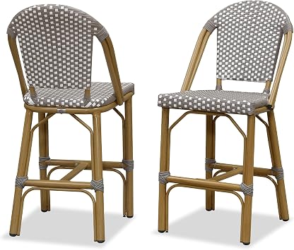 PURPLE LEAF Oversized Outdoor Counter Height Bar Stools Set of 2 26" French Bar Height Stool Bamboo Print Finish Patio Bar Stools with Back Rattan for Garden Kitchen, Grey