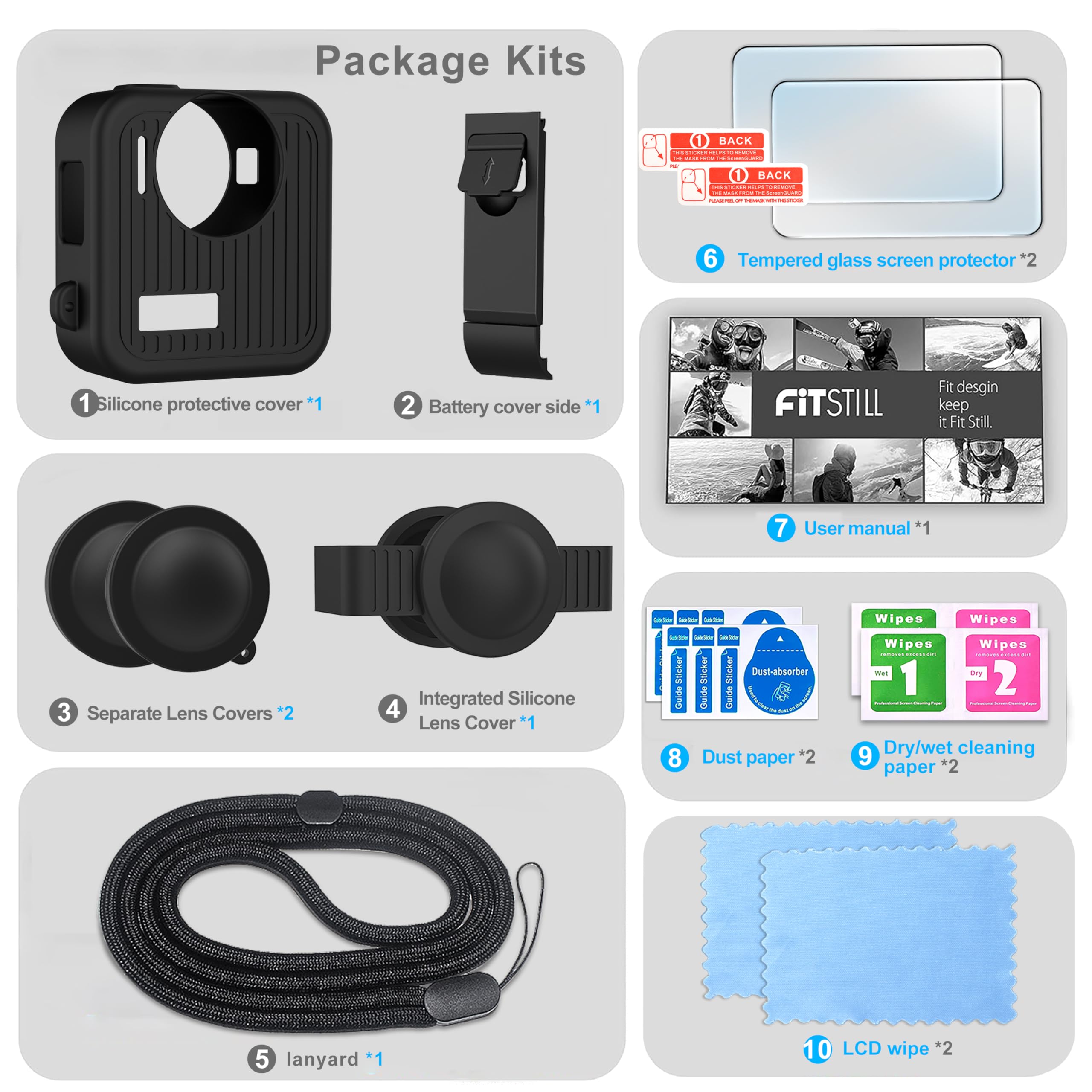 FitStill Le kit de protection en silicone est uniquement compatible avec Gopro Max 2, coque de protection en silicone + film de protection d'écran + couvercle latéral de batterie + couvercle de