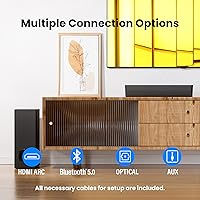Vista 3 de PHEANOO Barras de sonido compactas 2.1 para TV con subwoofer, HDMI ARC/Bluetooth 5.0/Óptica/AUX/RCA, control remoto, graves ajustables, montaje