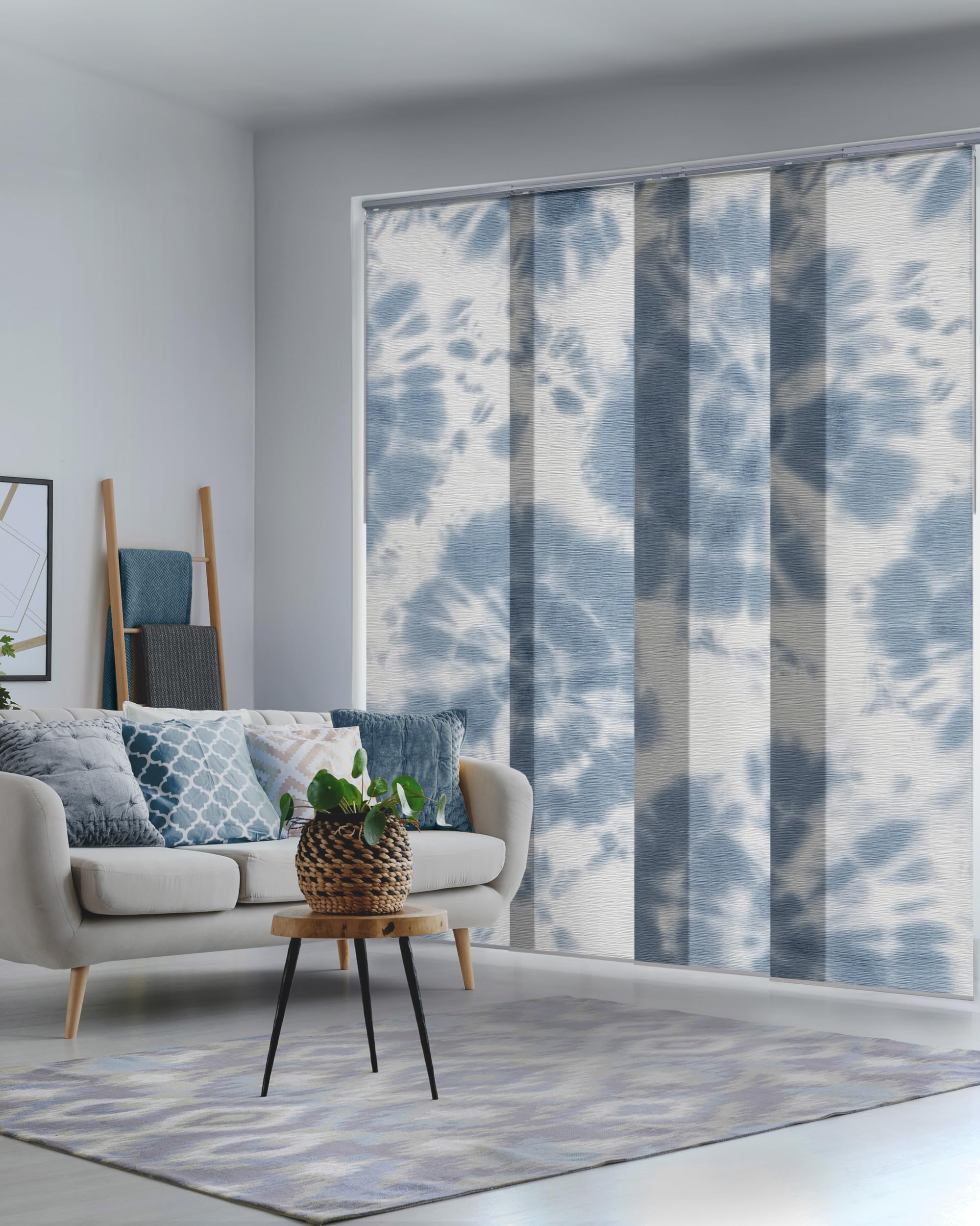 GoDear Design Adjustable Sliding Track Vertical Blinds 45.8"- 86" W x 96" H, Extendable Blinds for Windows, Closet Doors, Trimmable Woven Fabric Panel Curtians, Tie Dye Style Shades, Indigo Blossom