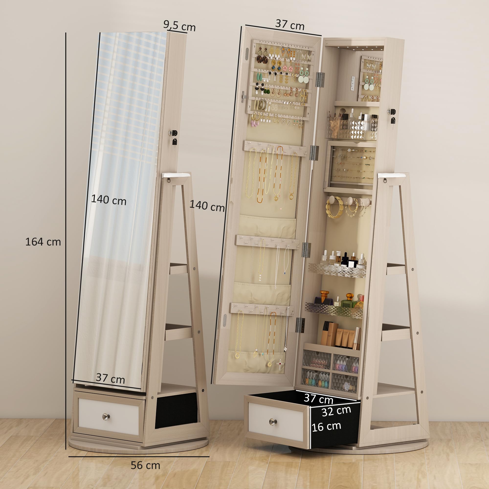 HOMCOM Miroir à bijoux avec éclairage LED, armoire à bijoux, armoire à bijoux avec miroir intégral, pivotant à 360°, tiroir, serrure, étagères ouvertes, support pour sèche-cheveux, naturel
