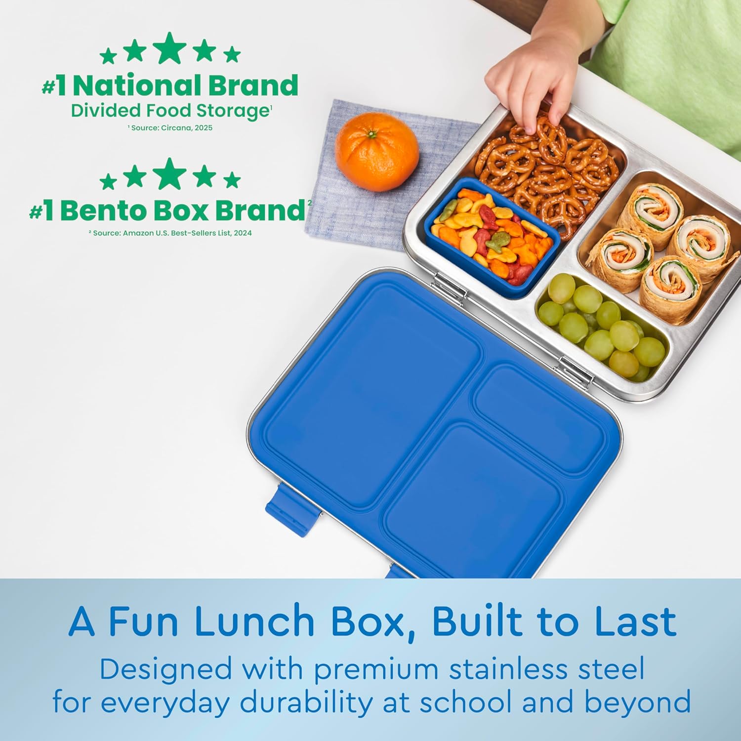 Bentgo Kids Stainless Steel Leak-Resistant Lunch Box - 3-Compartments with Bonus Silicone Container, Durable, Eco-Friendly, Dishwasher Safe, BPA-Free, Ideal for School, Ages 3+ (Blue) - Image 2