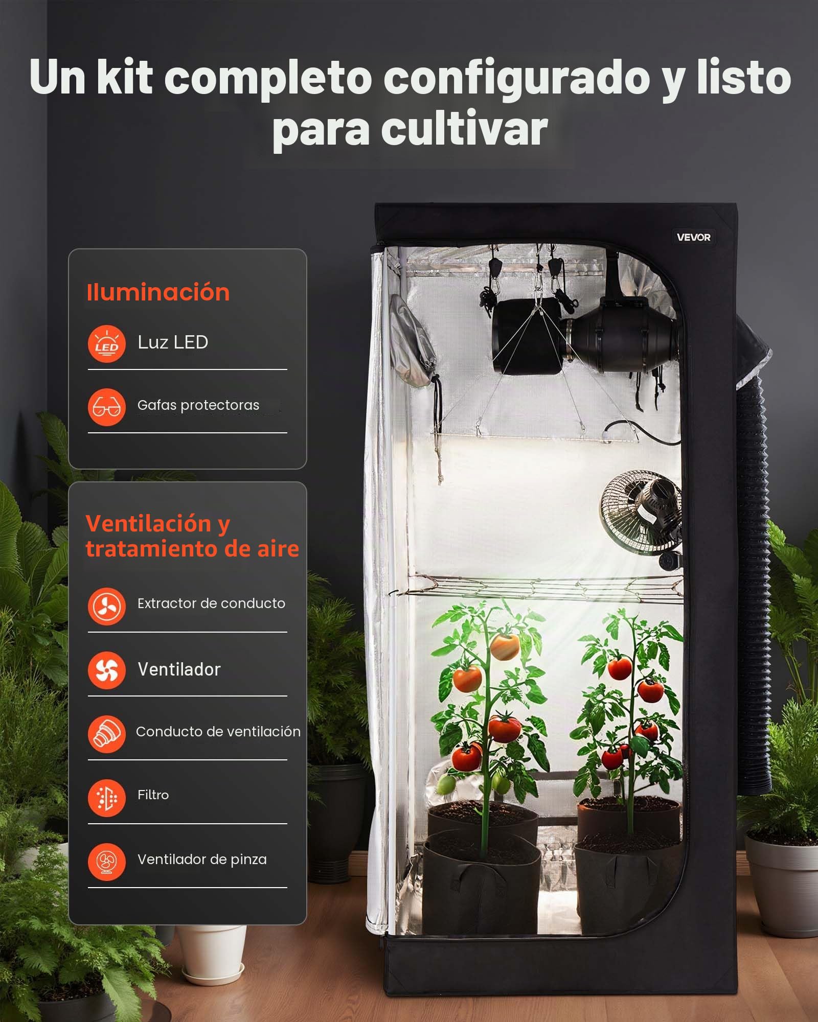 VEVOR Armario de Cultivo Interior 80 x 80 x 180 cm, Carpa de Cultivo con luz LED de Espectro Completo y Sistema de Ventilación, Mylar 600D de Alta Reflectancia, Tienda para Plantas, Flores, Verduras