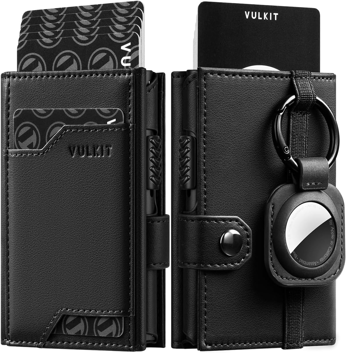 VULKIT Airtag Wallet with Keyring Leather Mens Pop up Credit Card Wallet with Air Tag Holder Trifold ID Window RFID Blocking（New-Black）