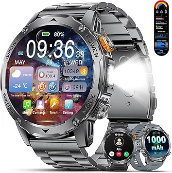 Smart Watches for Men Bluetooth 5.2 Calls with Flashlight, 1.75" HD Display/1000mAh Long Battery Life, Fitness Tracker with Heart Rate/Sleep Monitor/IP68/120+ Sports Modes for iOS Android,3 Bands