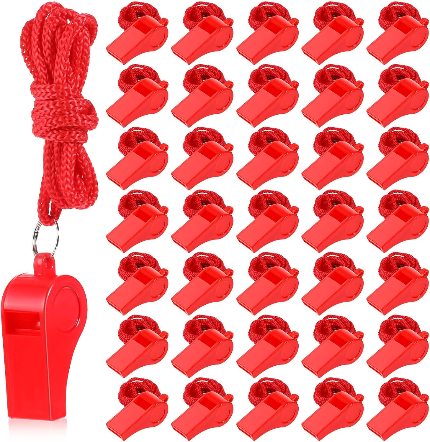 100 silbatos rojos de plástico con cordón para entrenadores miniatura 1