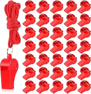 100 Pcs Coach Whistle with Lanyard, Plastic Red Emergency Whistle Bulk Loud Sound Sports Whistles for Referees Coaches Emergencies Athletes Training Outdoor Sports