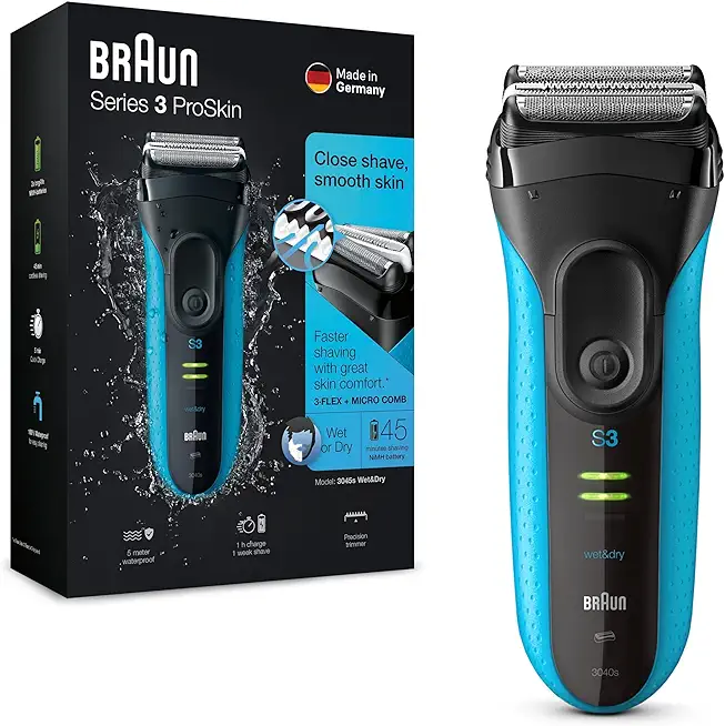 Braun Series 3 ProSkin Elektrorasierer mit Präzisionstrimmer, Rasierer Herren Elektrisch, elektrischer Rasierer, Wet&Dry, rasierapparat, trockenrasierer, Made in Germany, 3040s, schwarz/blau