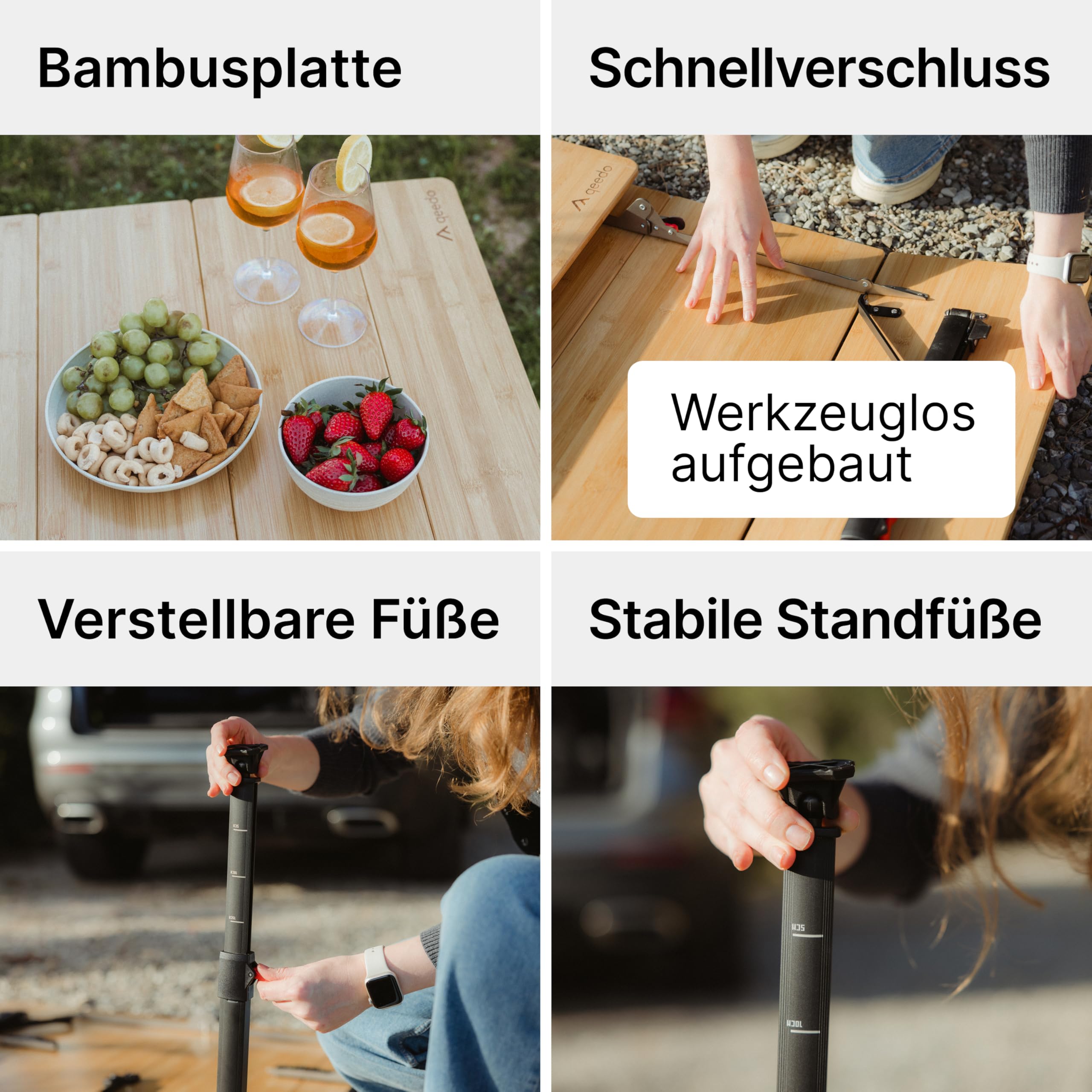 qeedo Quick Kimmy Campingtisch - klappbarer Bambus Tisch höhenverstellbar 43 bis 70 cm - Faltbarer Campingtisch mit Tragegriff & Packtasche - Stabiler Outdoor Tisch für Camping, Garten und Picknick