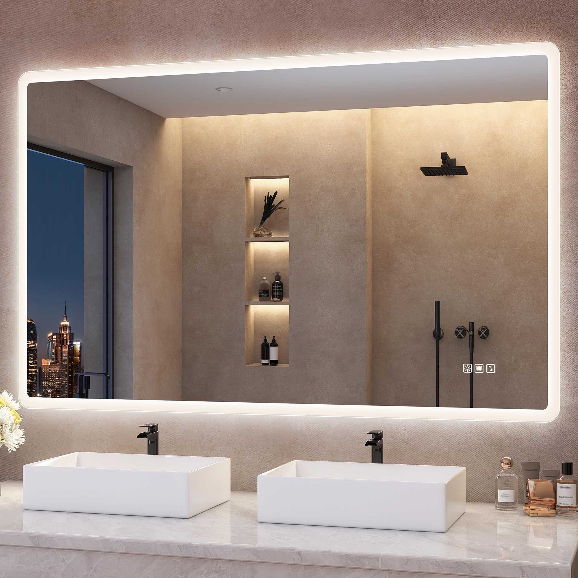 S'bagno Miroir-Salle-de-Bain-avec-Eclairage 120x70cm, Miroir-LED-Lumineux-avec-Bluetooth, Anti-buée, 3 Couleurs, Dimmable, Mémoire, Verre Trempé HD, Étanche IP44, Horizontal/Vertical