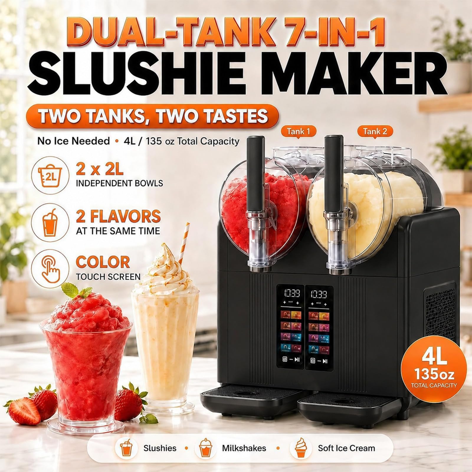 Macchina per Granite e Gelato Soft a Due Vasche White | Design a Doppia Vasca da 2x2 L | 7 Programmi Preimpostati | per Gelato Soft e Granita | Pulizia Automatica