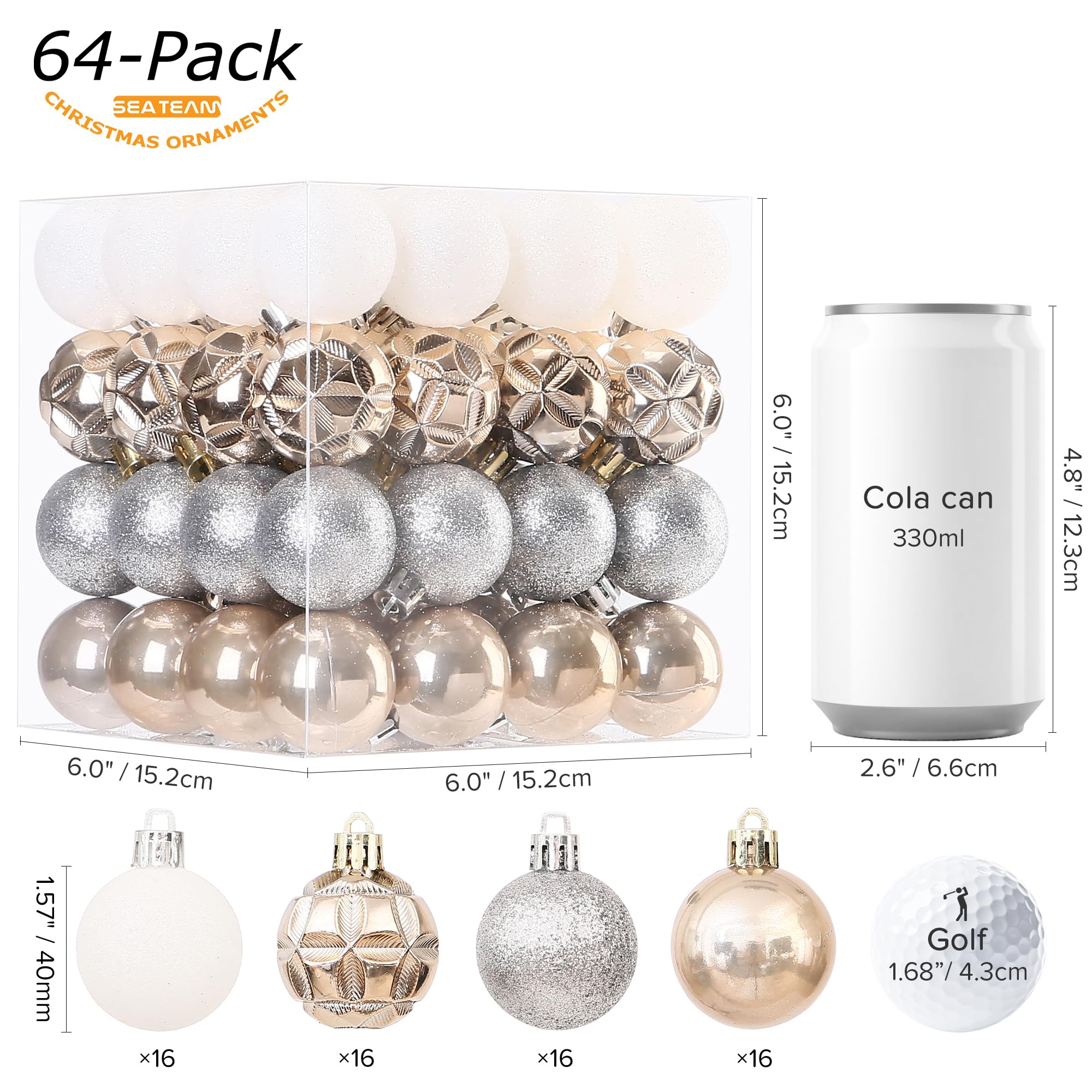 Sea Team 64-Pack Shatterproof Plastic Christmas Ball Ornaments Set, Colorful Christmas Baubles, Hanging Decorations for Xmas Tree, Wreath, Garland, (40mm/1.57 Inches, Champagne, White)