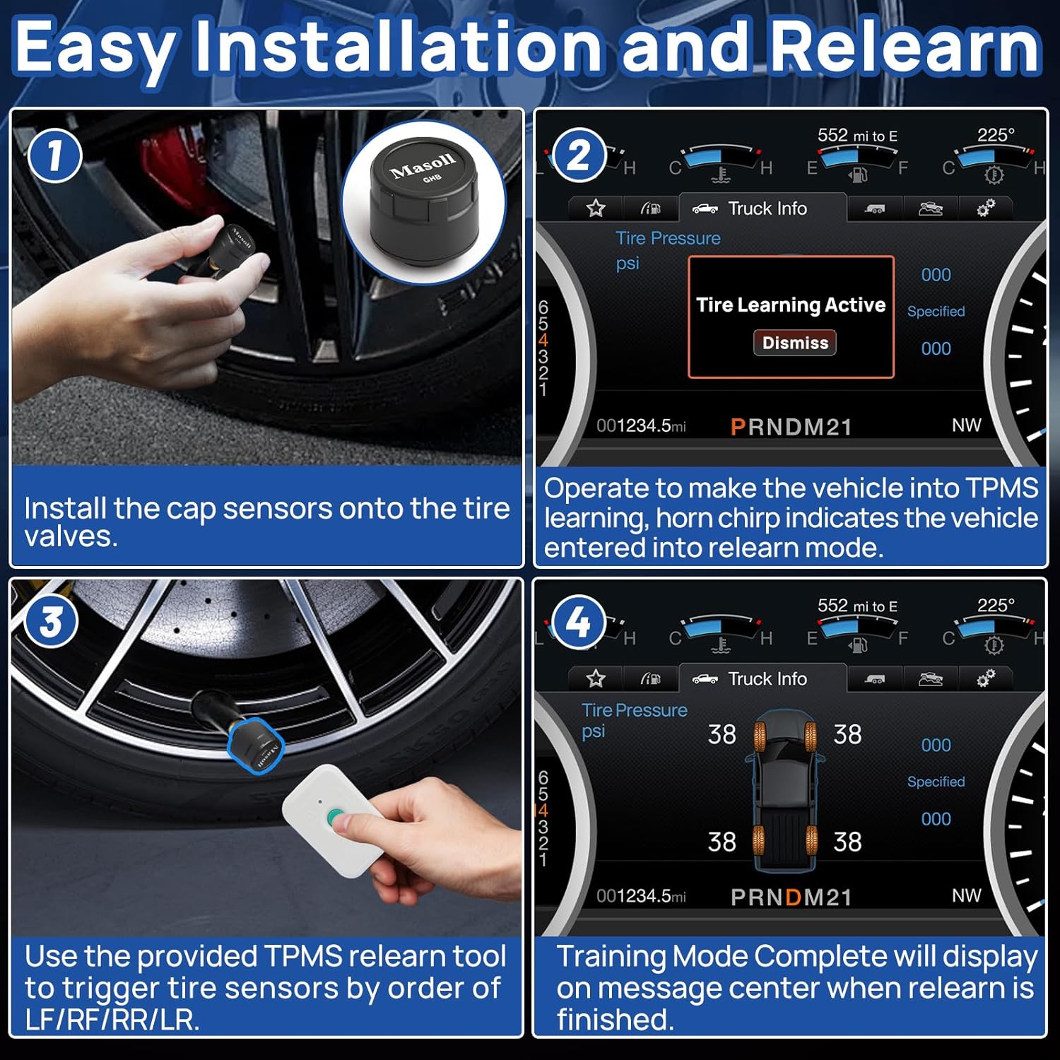 TPMS Sensor for Ford F-150 Bronco Escape Expedition Explorer Focus Fusion Ranger, Lincoln Mercury, TPMS Sensors Set of 4 with TPMS19 Relearn Tool, External Tire Pressure Monitoring Sensor