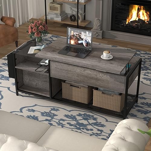 Miniatura 7 de Gyfimoie Mesa auxiliar con luz LED y toma de corriente, mesas de centro retro con cajones de almacenamiento compartimento oculto, mesa central con