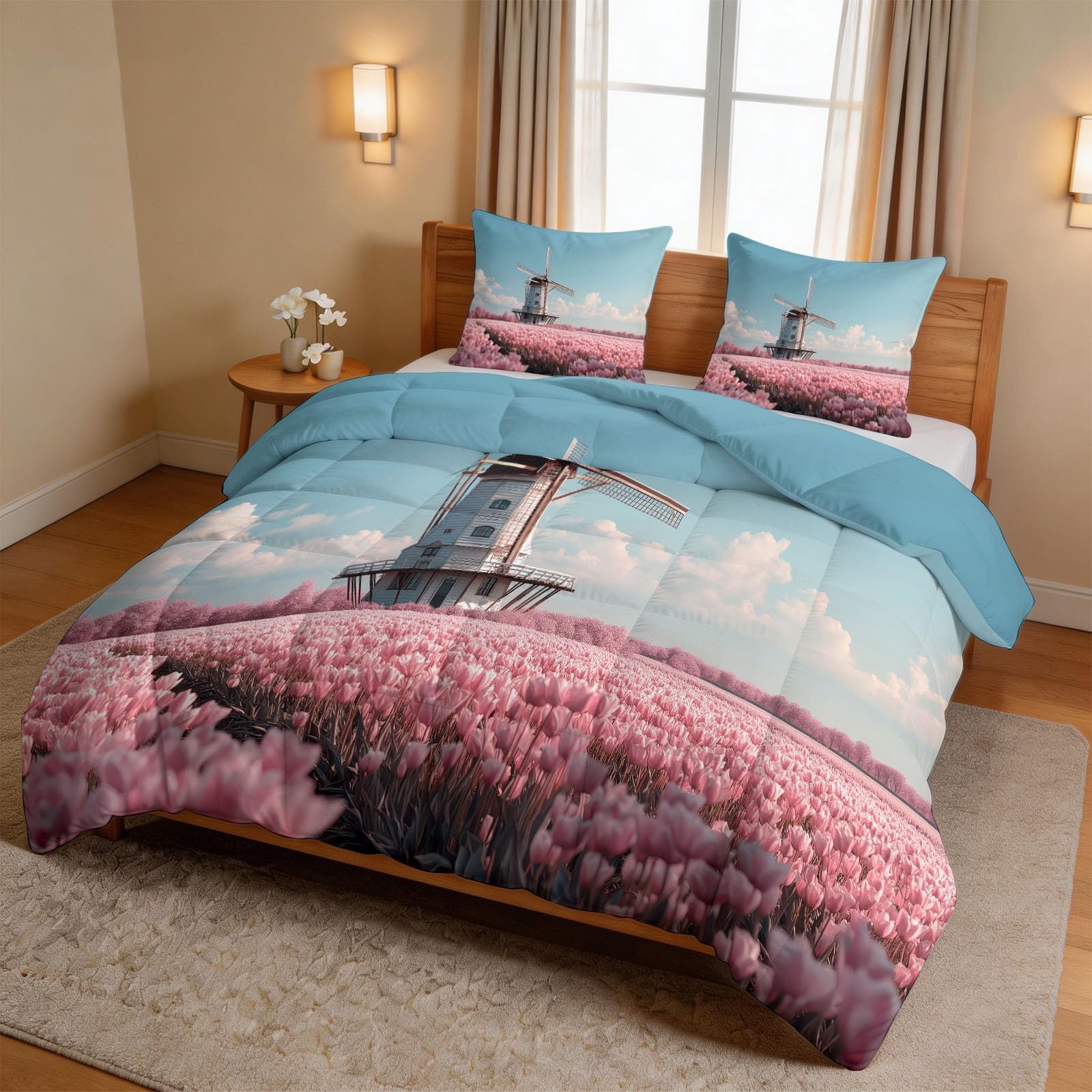 Kołdra bez poszewki, 200 x 200 cm, na 4 pory roku, z pranej bawełny, do fotografii, tulipanów, wiatraki, niebieska, przyjazna dla skóry, kołdra puchowa, nadaje się do prania, z 2 poszewkami na