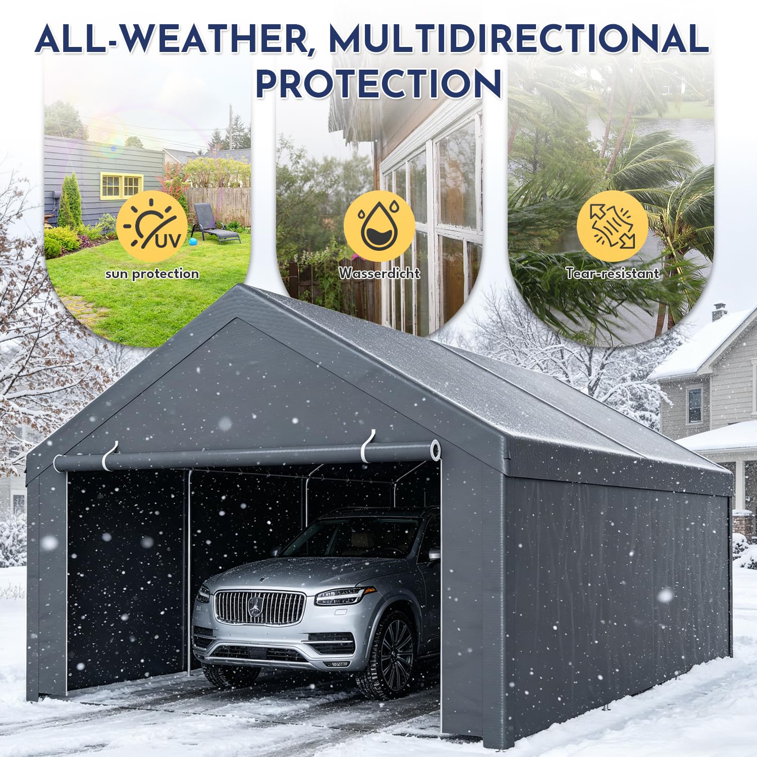 Grand Abri de Voiture 300x600x280 cm, Carport Tente de Garage avec Parois Latérales et Porte Enroulable, Résistante UV Imperméable, Garage Chapiteau pour Voiture, Camion, Bateau