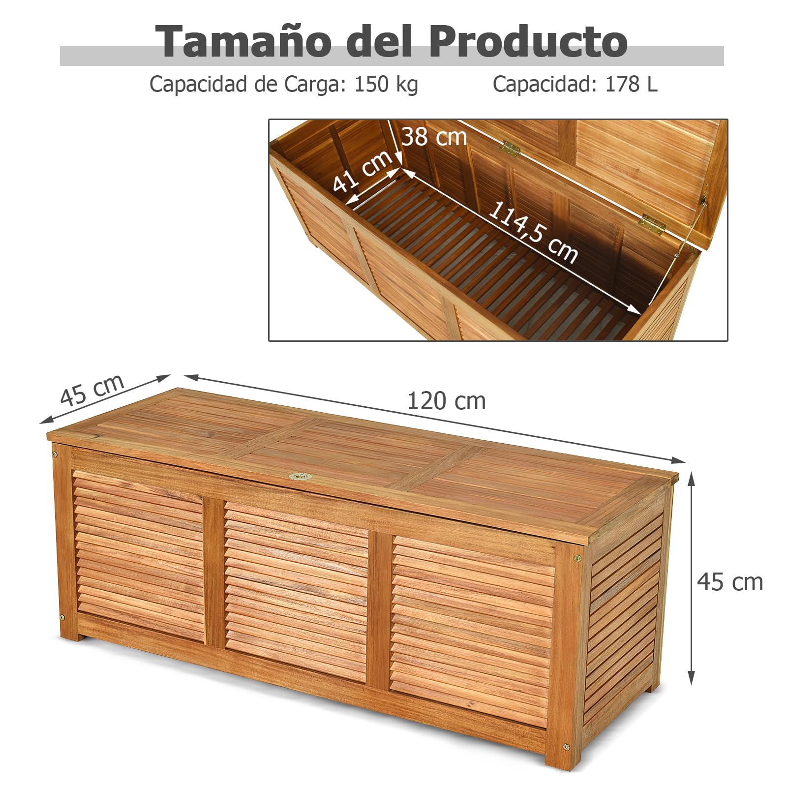 GIANTEX Arcón de Jardín, Baúl Almacenaje de Madera de Acacia, 120x45x45cm, Cofre Almacenamiento 178 L con Tapa Abatible y Diseño Persiana, Organizador para Patio, Balcón, Piscina