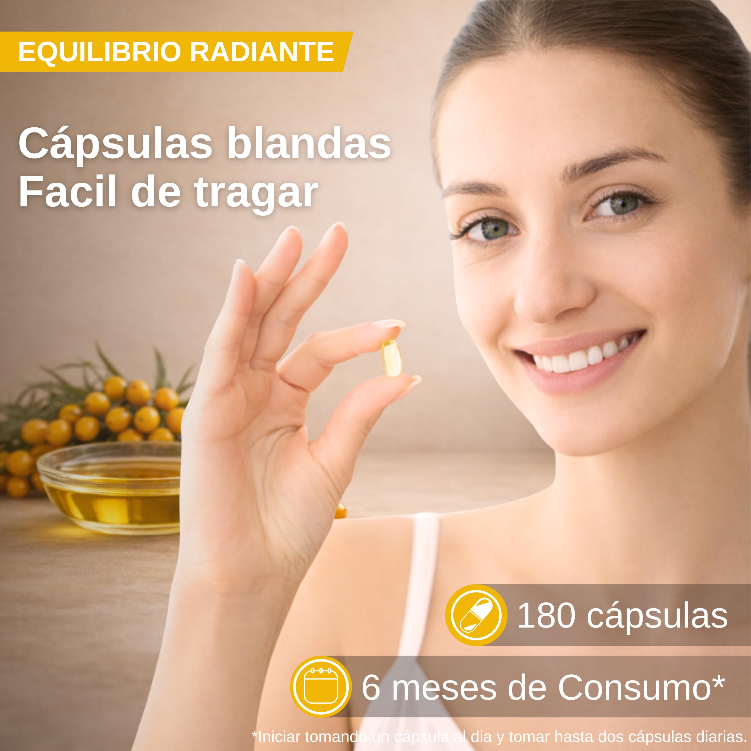 Omega 7 de Espino Amarillo con Biotina - Cabello, Piel y Uñas - 180 Perlas | Cabello, piel, uñas y mucosas, aceite de espino amarillo 1000 mg, omega 7 natural, biotina 5000 mcg con zinc, vegano