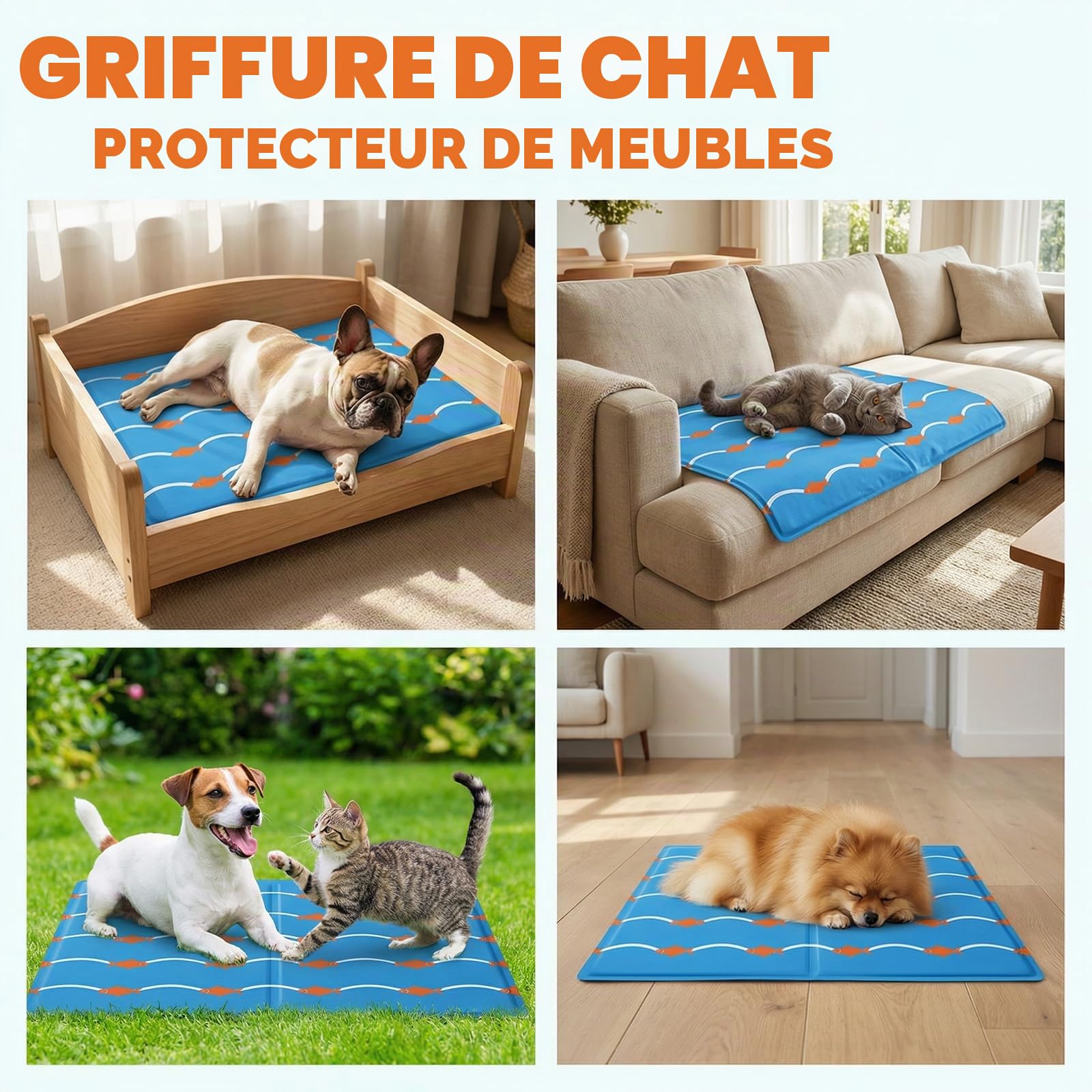 Qoosea Tapis Rafraîchissant pour Chien et Chat 50x90cm - Motif Poissons et Vagues, Matelas Refroidissant Auto-Cooling, Imperméable et Pliable, pour Maison, Voiture, Voyage