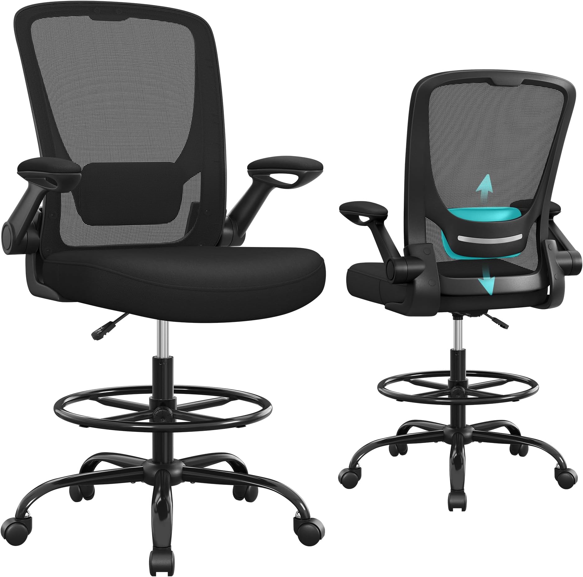 SONGMICS Drafting Chair with Flip-up Armrests, Mesh Office Chair, Ergonomic Painting Chair with Height Adjustable Lumbar Support and Footrest, for Standing Desk, Bar Counter, Black OBN026B02