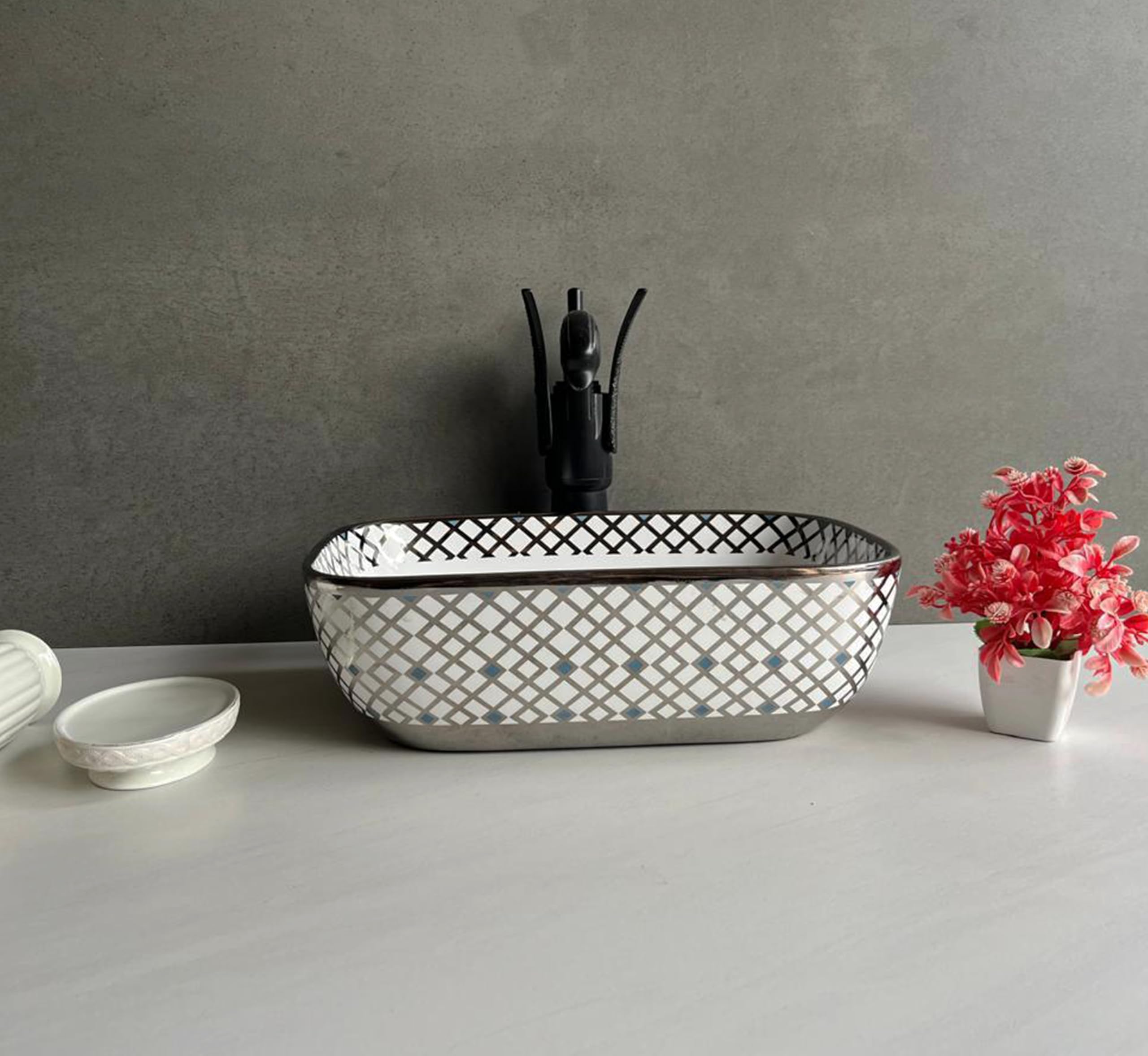 CLUSTER Designer Glossy Ceramic Table Top Wash Basin For Bathroom | Counter Top Wash Basin for Home, Hotel Or Resturent (14x10x5 Inch) Silver And White
