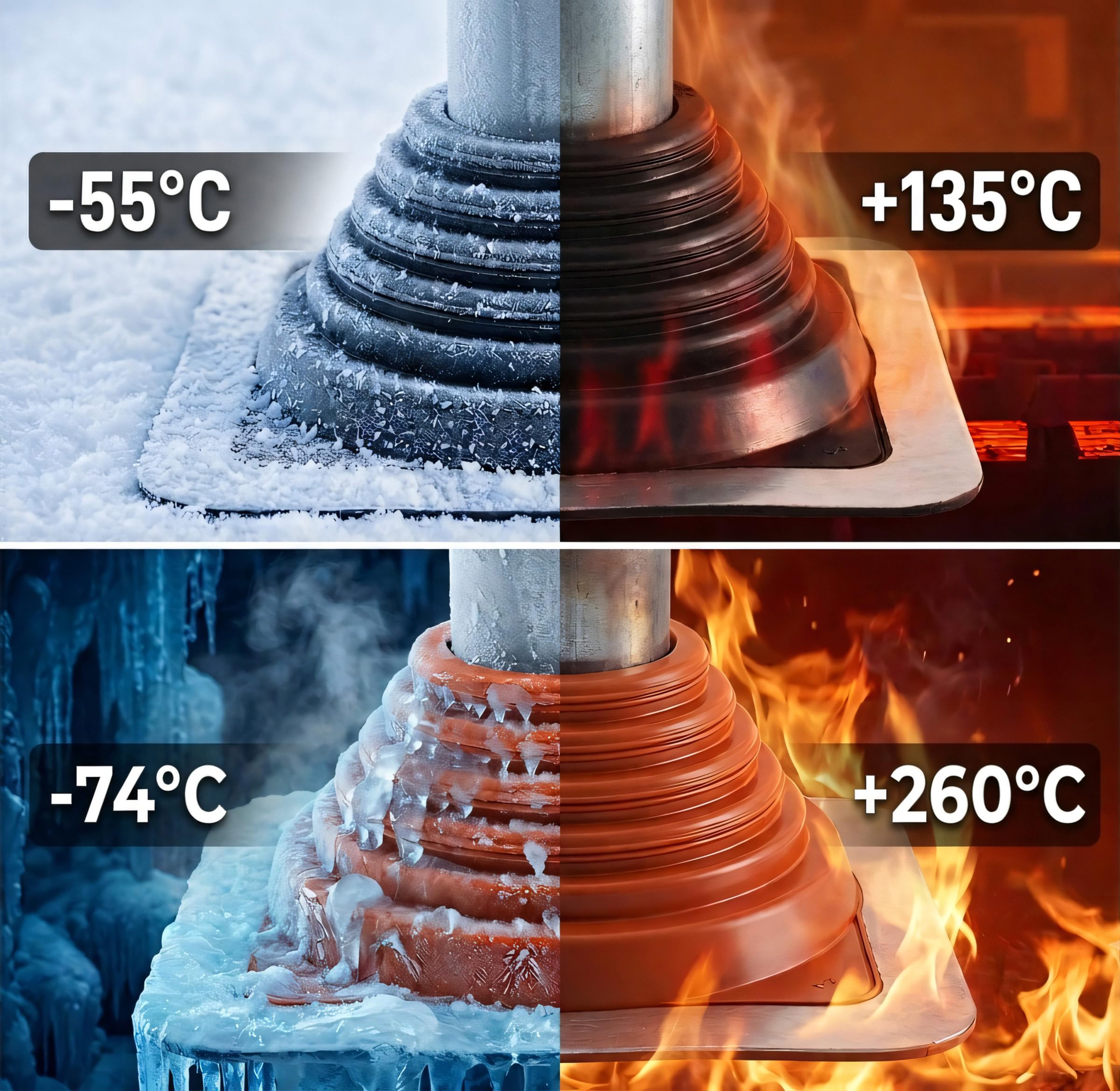 Parotec Solin de Toit - Passage du Toit - Flexible - Fabriqué en Silicone - Résistant aux Hautes Témperatures - Universel -Tuile Métallique - Diamètre de 6 à 70 mm