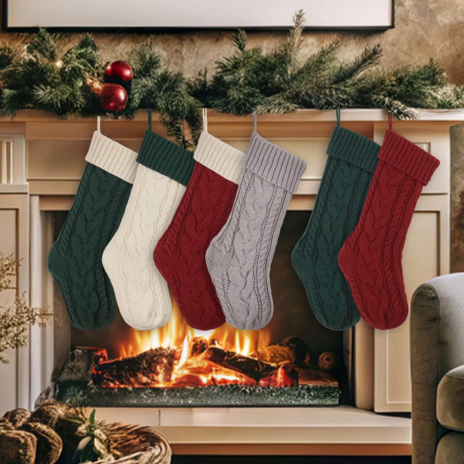 Knitted Christmas Stockings 6 Pack 18 Inches Large Christmas Stocking, Cable Knitted Xmas Stocking, Hanging Stocking Decorations for Holiday Christmas Party Family Decor (Red White Green) B4