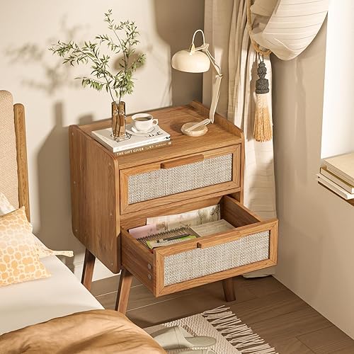 Miniatura 6 de Lerliuo Juego de 2 mesitas de noche de ratán, mesita de noche bohemia con 2 cajones, mesa auxiliar con acento de bastón, mesita de noche con patas