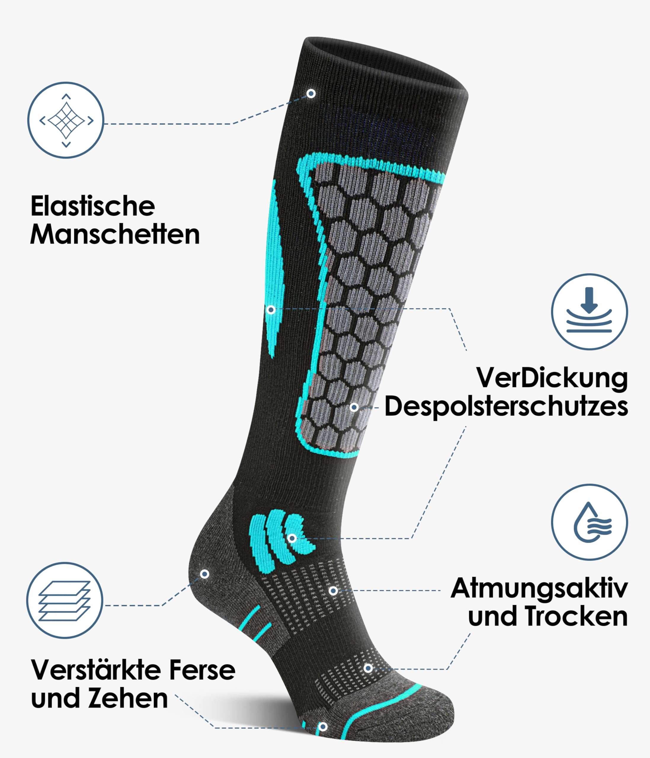 2 Paar Merino Wandersocken Herren Damen, 60% Wollsocken Gepolstert, Thermo Trekkingsocken Winter Warme Socken für Outdoor Sport