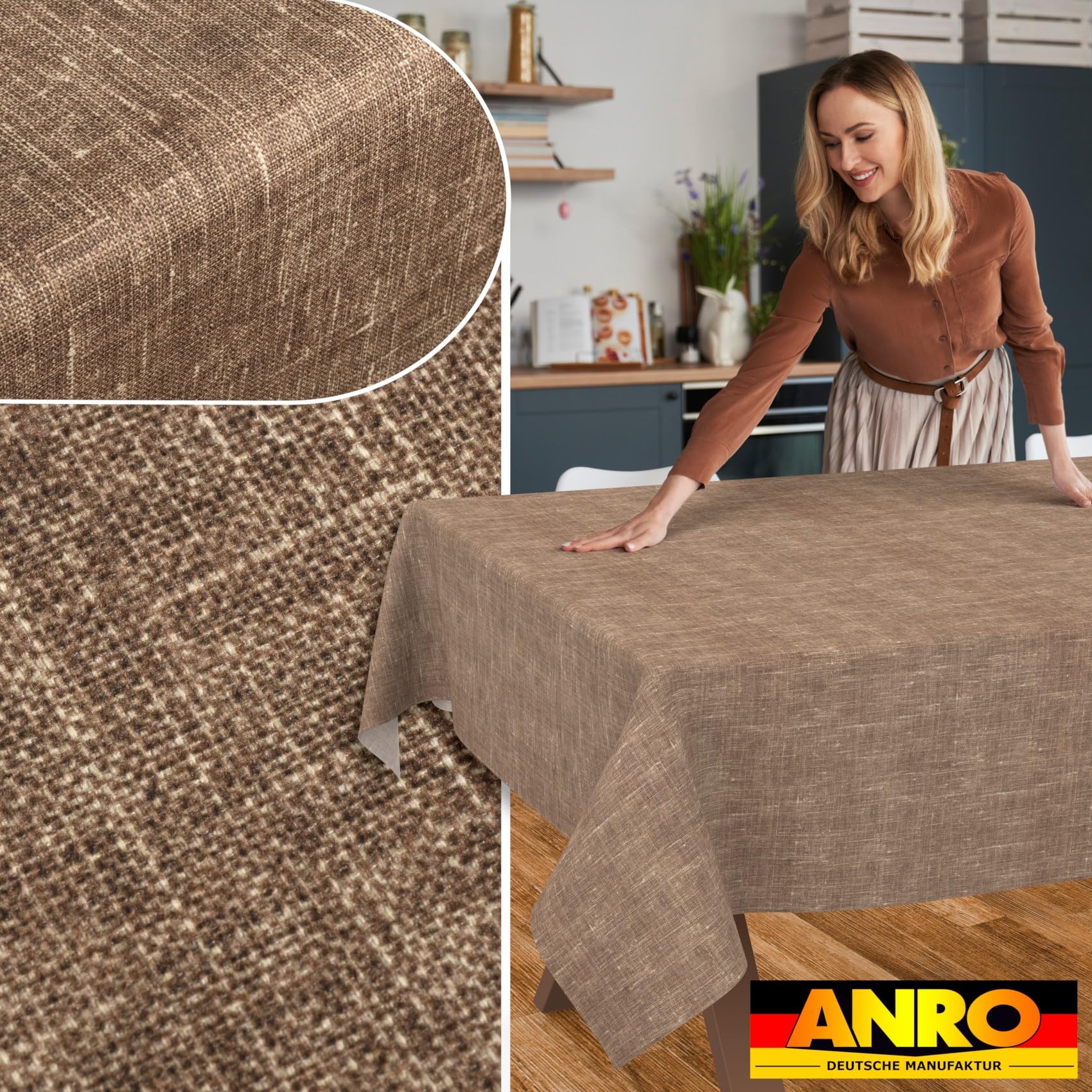 ANRO Nappe de Table 70% Coton 30% Polyester – Tissu Lavable, Anti-Taches, Bords Surjetés, Couleur Chocolat 200x140 cm