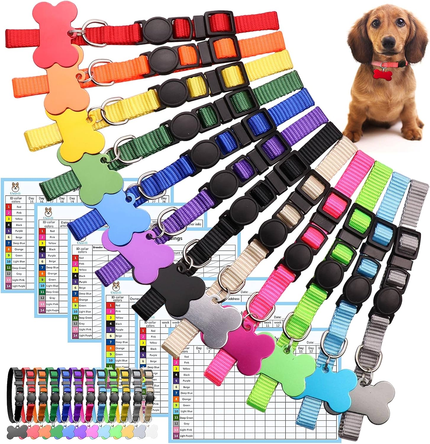 Uteuvili 12 PCS Puppy Collars for Litter with ID Tags Puppy ID Collars Whelping Puppy Collars Safety Buckle Soft Nylon Breakaway Collars…