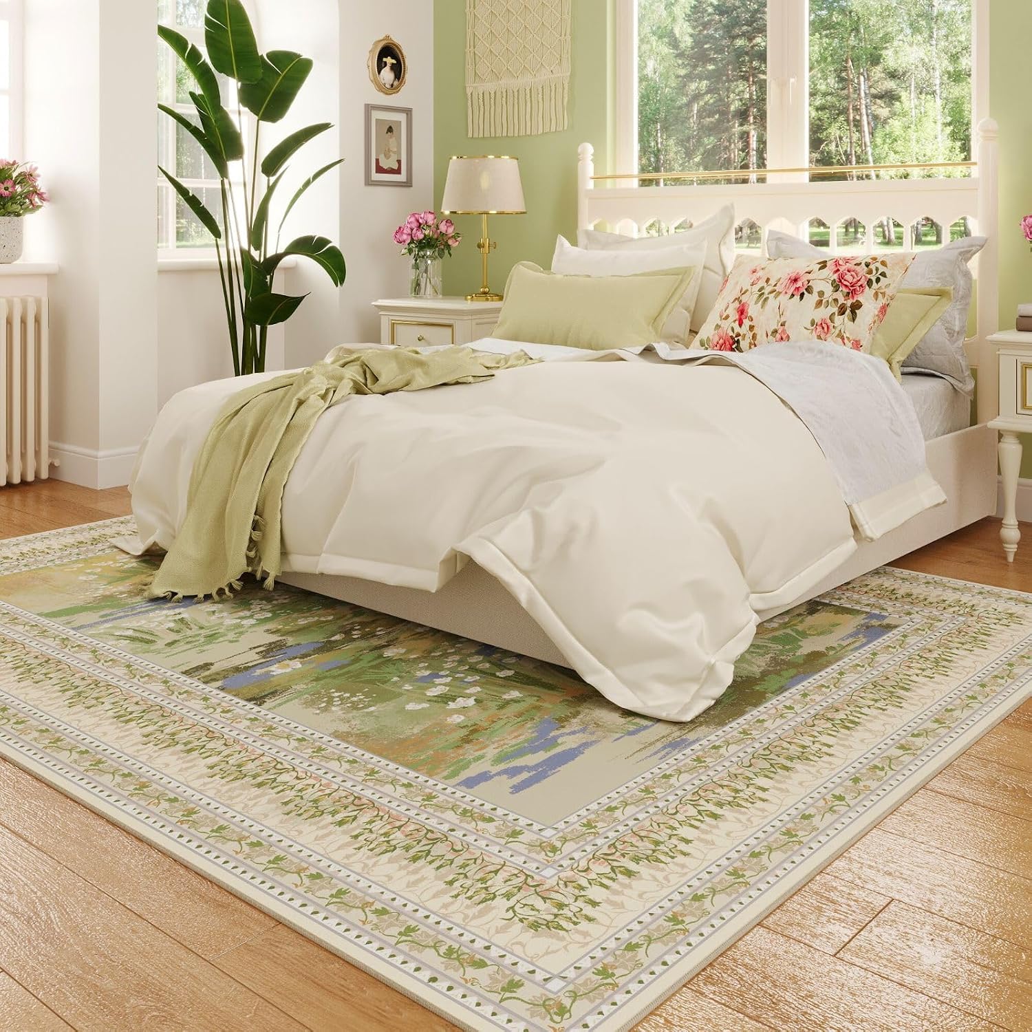 Rugcomf 5x7 Area Rugs Impressionist-Style Vintage Washable Area Rug Non Slip Low Pile Large Rugs for Living Room Bedroom Farmhouse Dining Room Kids Playroom, Beige
