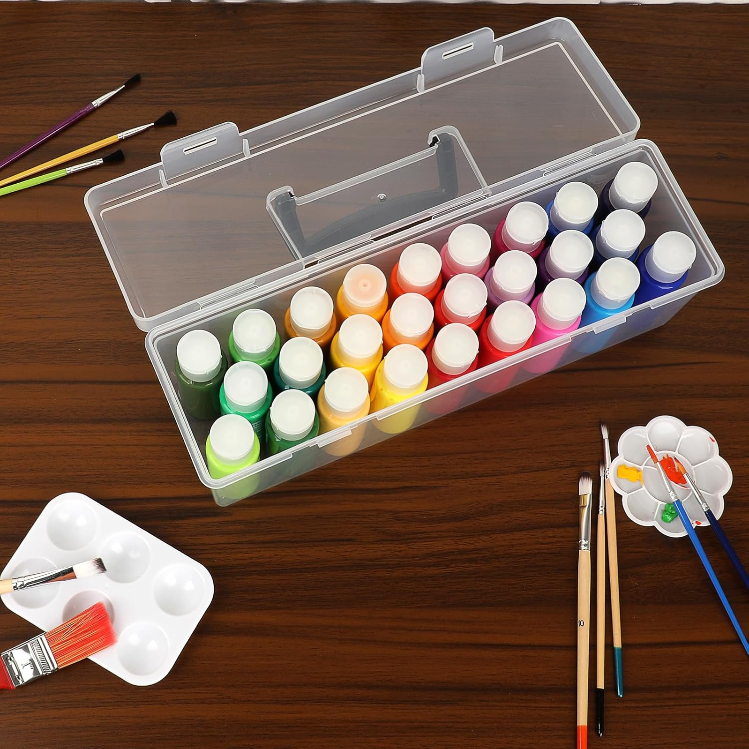 JUXYES 2 Pack Plastic Clear Acrylic Paint Storage Organizer with Handle, Transparent Craft Paint Bottles Container Case with Lock, Saving Box with Lid for 2 fl. oz Acrylic Paints