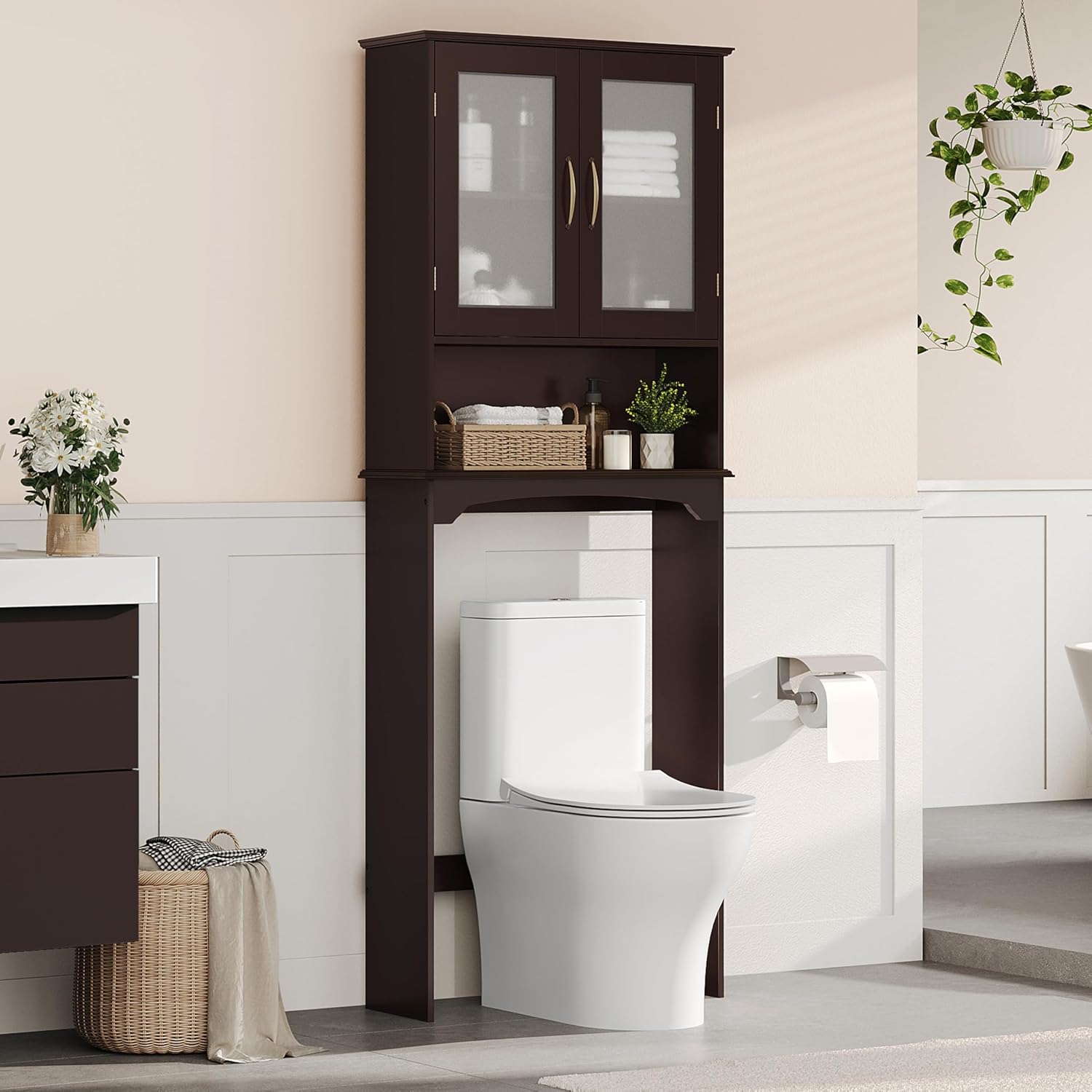 Topeakmart Modern Free-Standing Over-the-Toilet Storage with 2-Door Tempered Glass Cabinet and 1 Open Shelf, Space-Saving for Bathroom, Espresso