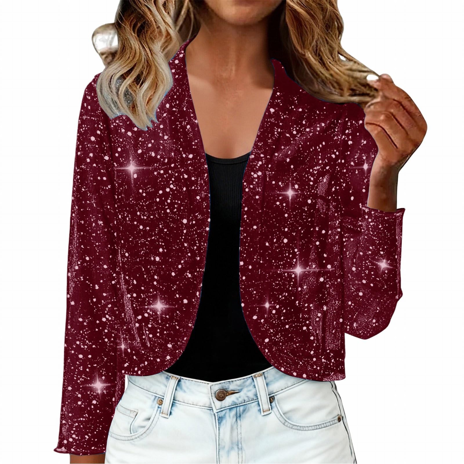 Sequin Jackets for Women Open Front Sparkly Long Sleeve Cropped Blazer Glitter Shiny Bling Fashion Evening Party Clubwear
