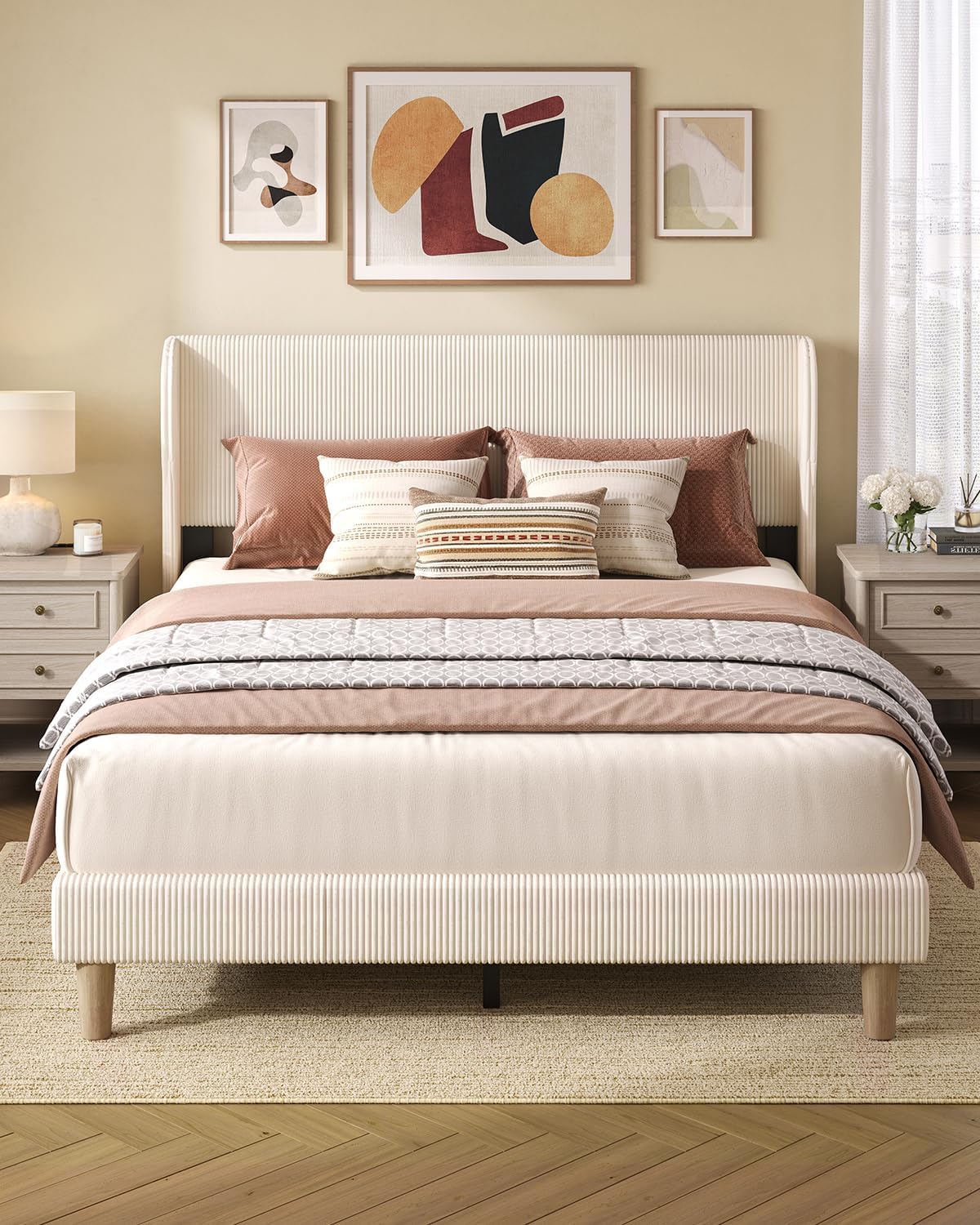 Bestier Queen Bed Frame with Wingback Headboard,Platform Queen Size Upholstered Bed with Strong Wooden Slats,No Box Spring Needed,Never Squeaks,Easy Assembly,Beige