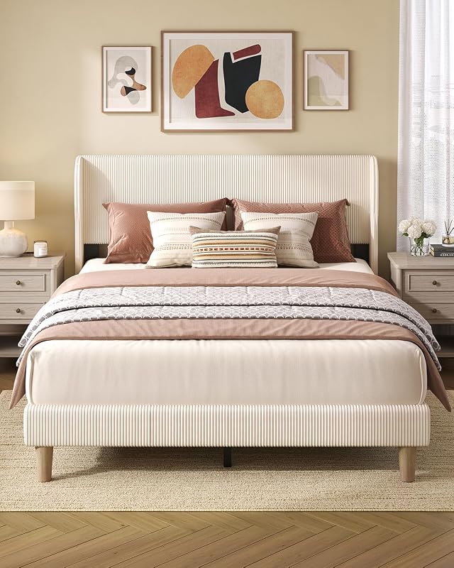 Bestier Queen Bed Frame with Wingback Headboard,Upholstered,Beige image 6