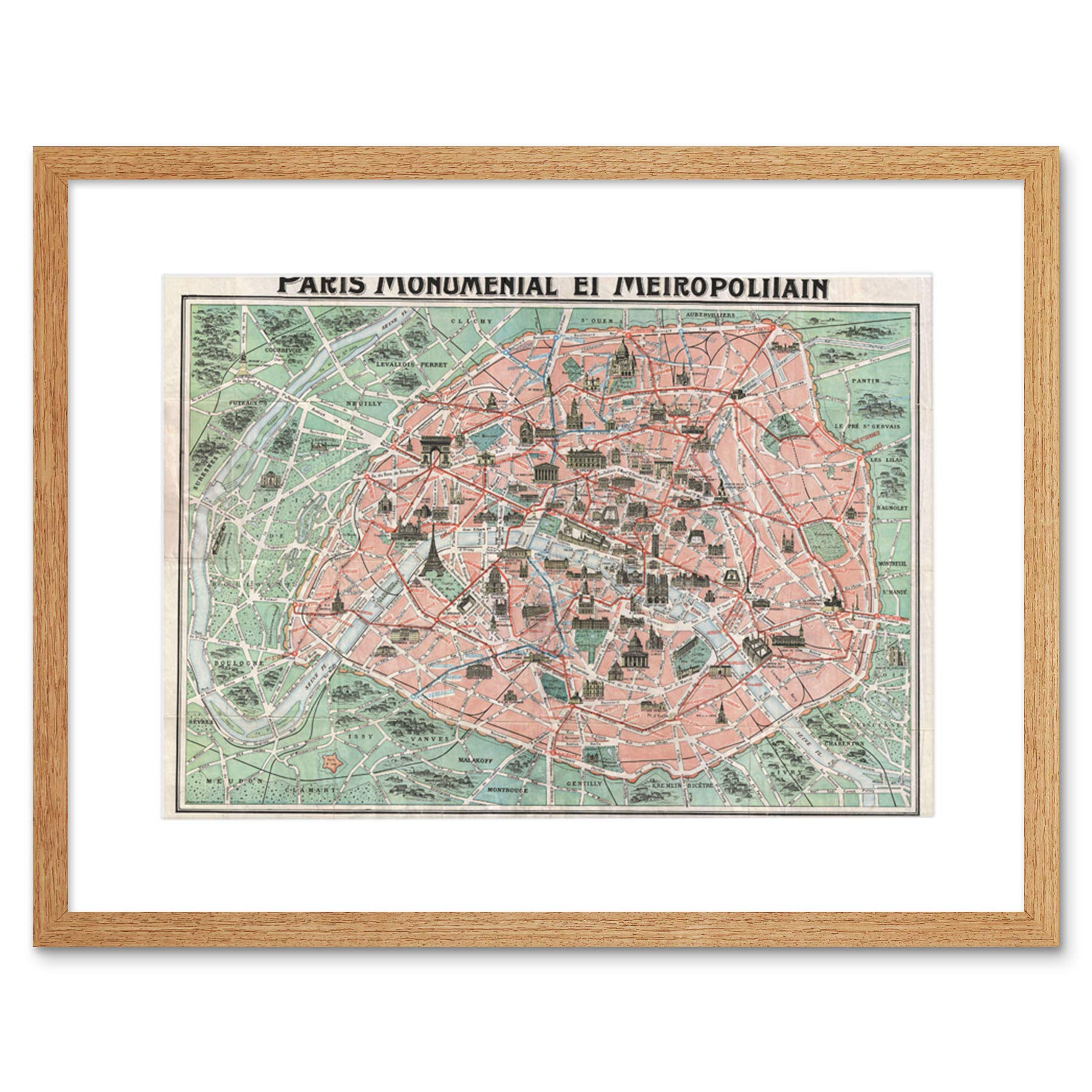 Wee Blue Coo Robelin Paris Monument Map French Artwork Framed Wall Art Print 12X16 Inch