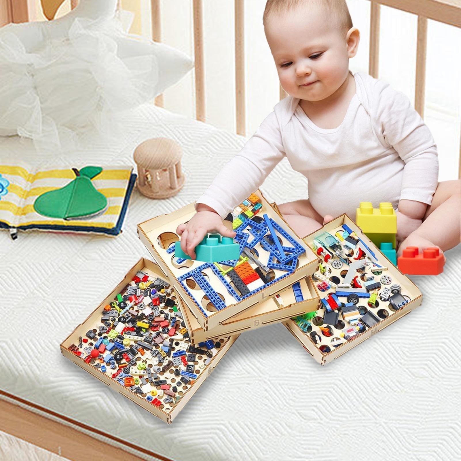 Genérico Wooden Building Bricks Sorter - Four Tray Storage Organizer Box