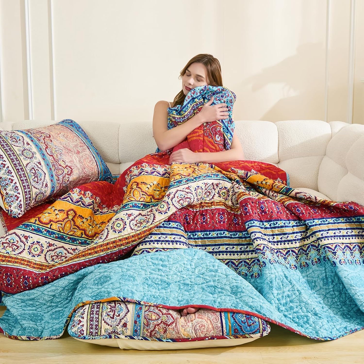 WONGS BEDDING Bohemian Quilt Set King Size, Boho Striped Printed Quilts Bedspread Set for All Seasons, Lightweight Microfiber Coverlet Bedding Set with 2 Pillowcases 104"x90" (3 Pieces, Colorful) - Image 3