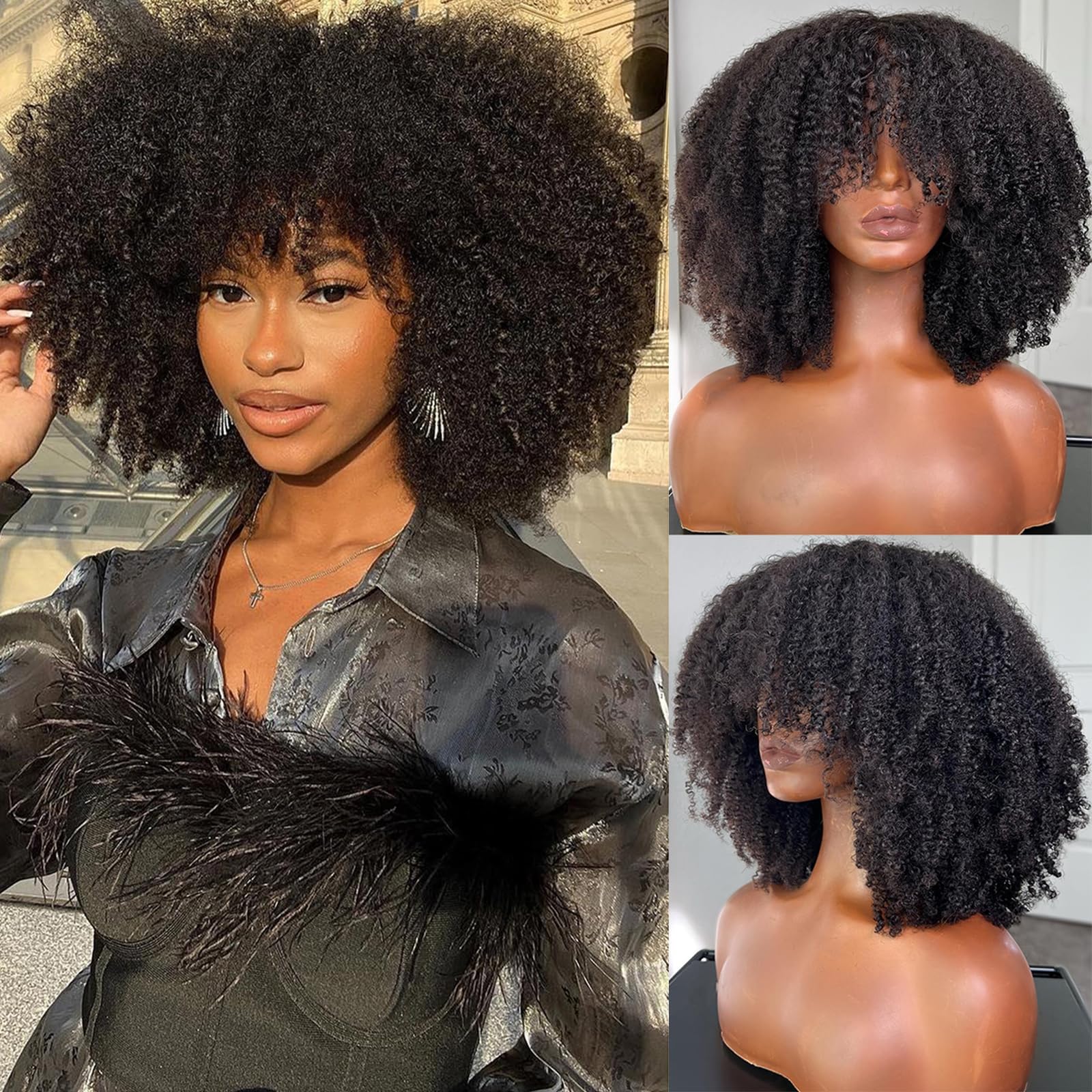 Amazon.com : zigzag hair Afro Kinky Curly Wig with Bangs Human Hair ...