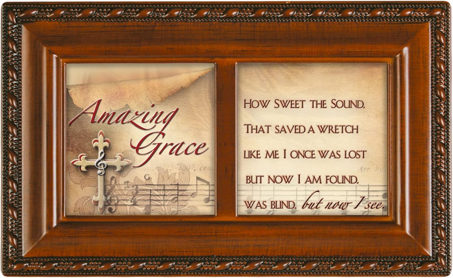 Cottage Garden Sweet The Sound Saved a Wretch Woodgrain Rope Trim Petite Music Box Plays Amazing Grace