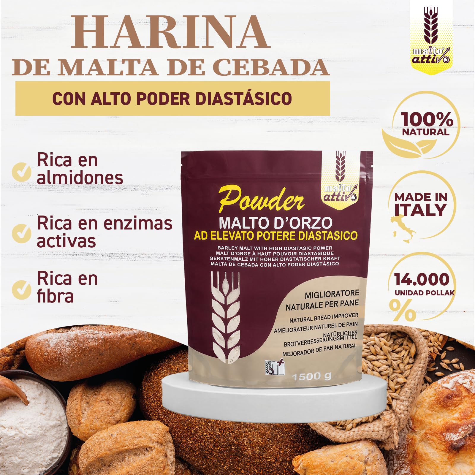 Malto Attivo Powder 1.5 kg Harina de Malta de Cebada Diastásica para Panificación 14.000 Unidades Pollak Made in Italy