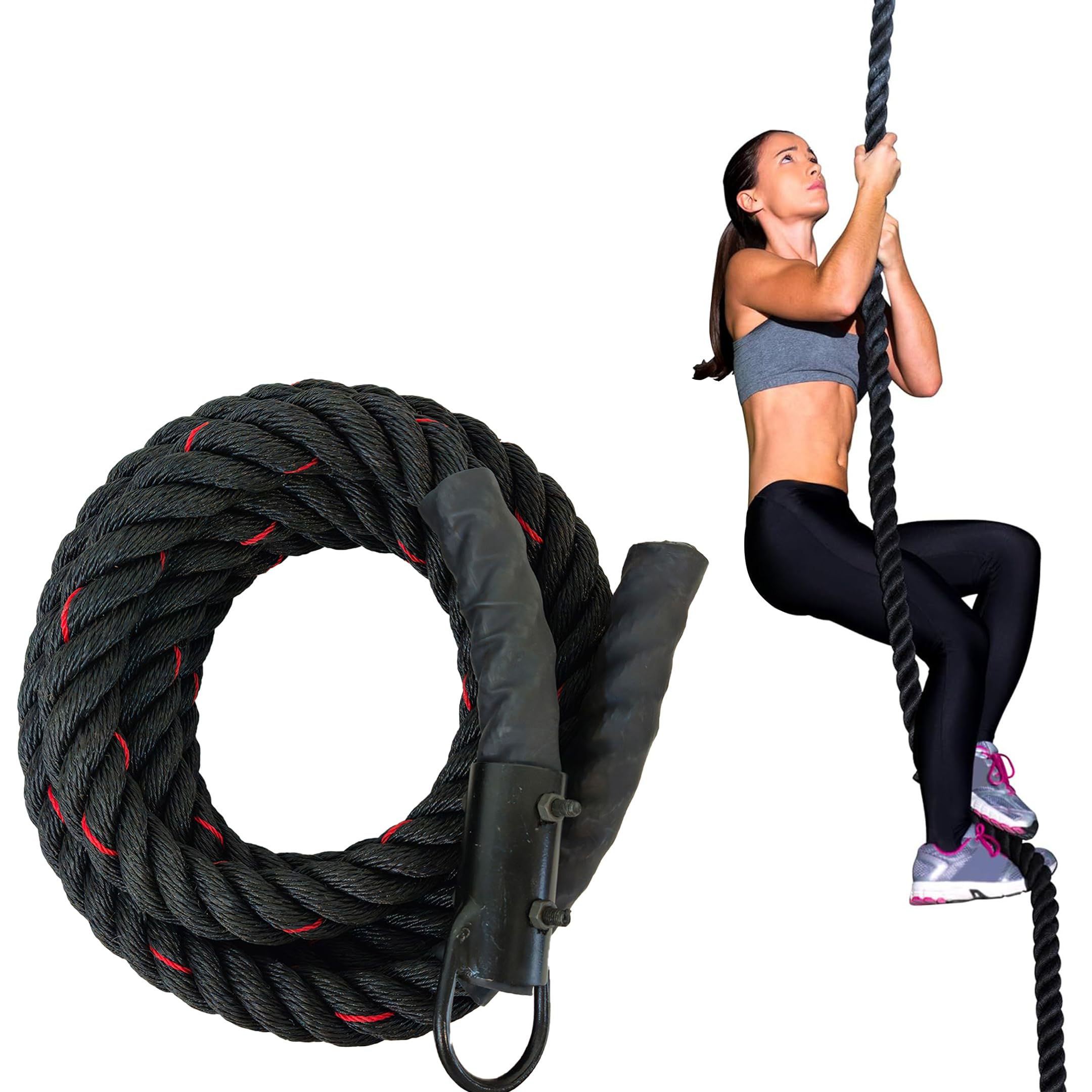 Fit Fusion® 9FT polyester Climbing Rope – Black Red Tracer Design, Unisex Adult Exercise Cord for Gym & Home, Hanging Pull-Up Tool, Strength Training Line for Fitness, Endurance, and Agility