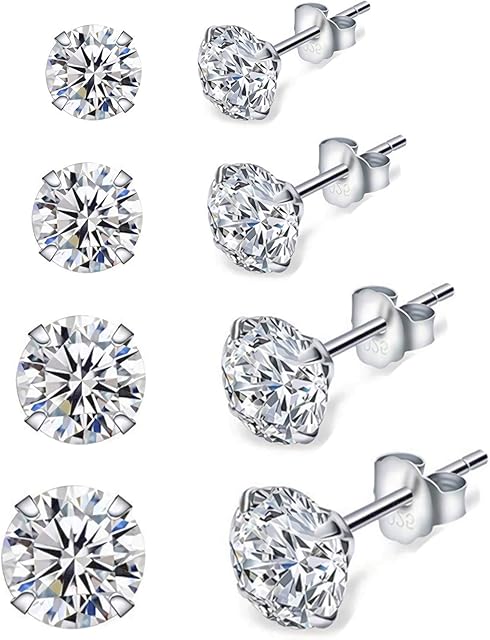 Shuxin Silver Stud Earrings for Women, 4 Pairs 925 Sterling Silver Cubic Zirconia Stud Earrings Set, Hypoallergenic Small Sleeper Cartilage Studs, with Clear 5A Cubic Zirconia, Size: 3, 4, 5, 6mm