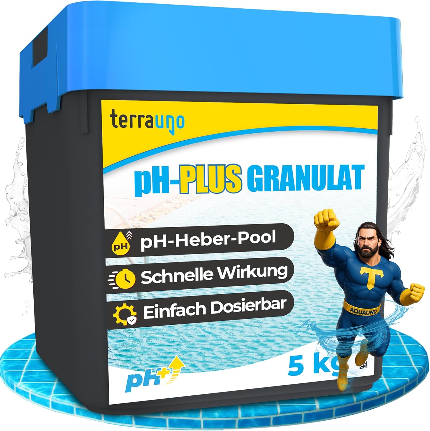 TerraUno pH Plus Granulat 5 kg, pH Heber Pool, schnelllöslich zur punktgenauen pH-Anhebung &amp; Wasserqualitätsverbesserung, Poolpflege