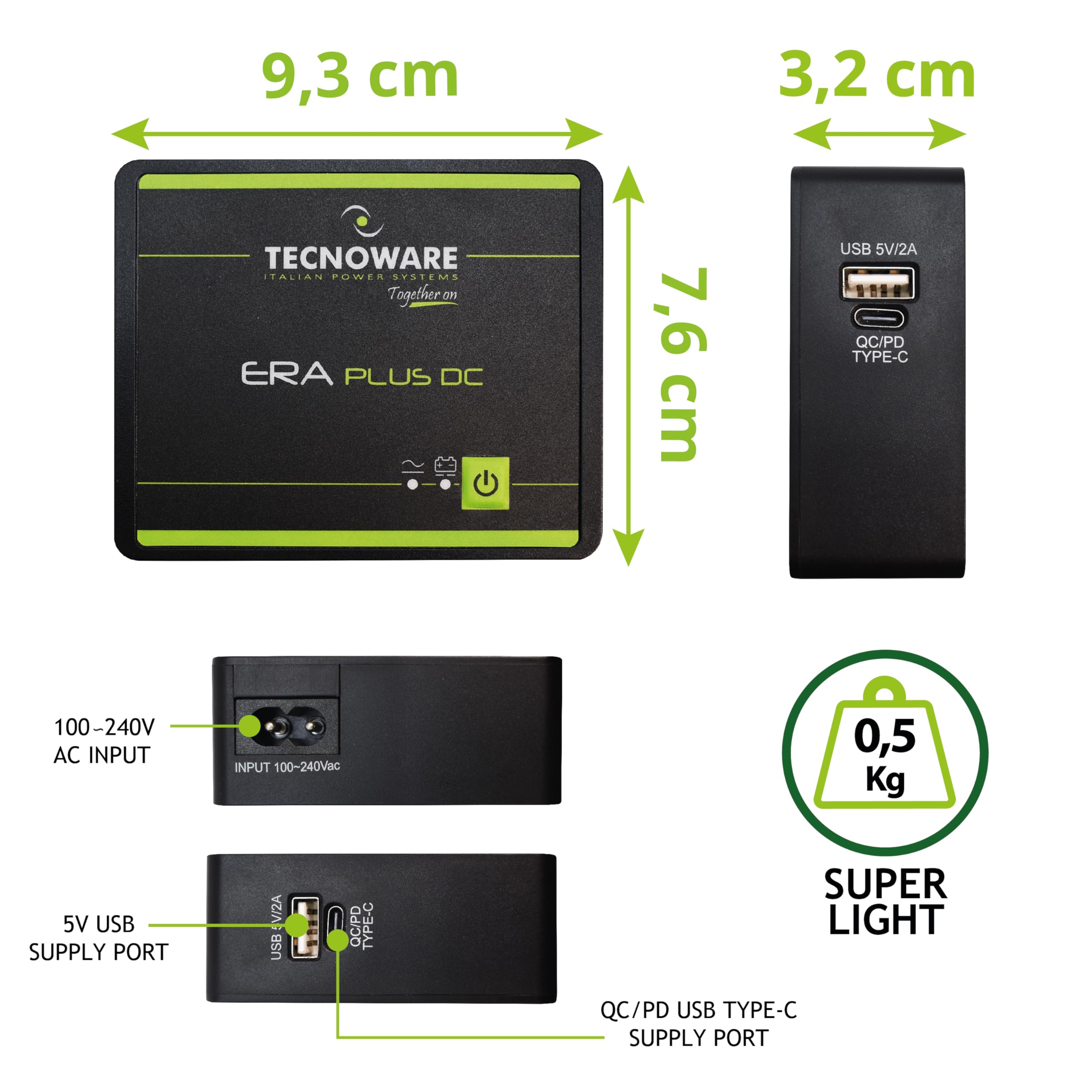 Tecnoware Mini UPS ERA PLUS DC, per WiFi/Modem, Videosorveglianza, non adatto PC Gaming e Console, USB-C, USB-A, PowerBank 5200Mah, Protezione continua Sbalzi Corrente, Protezione Blackout fino 240min