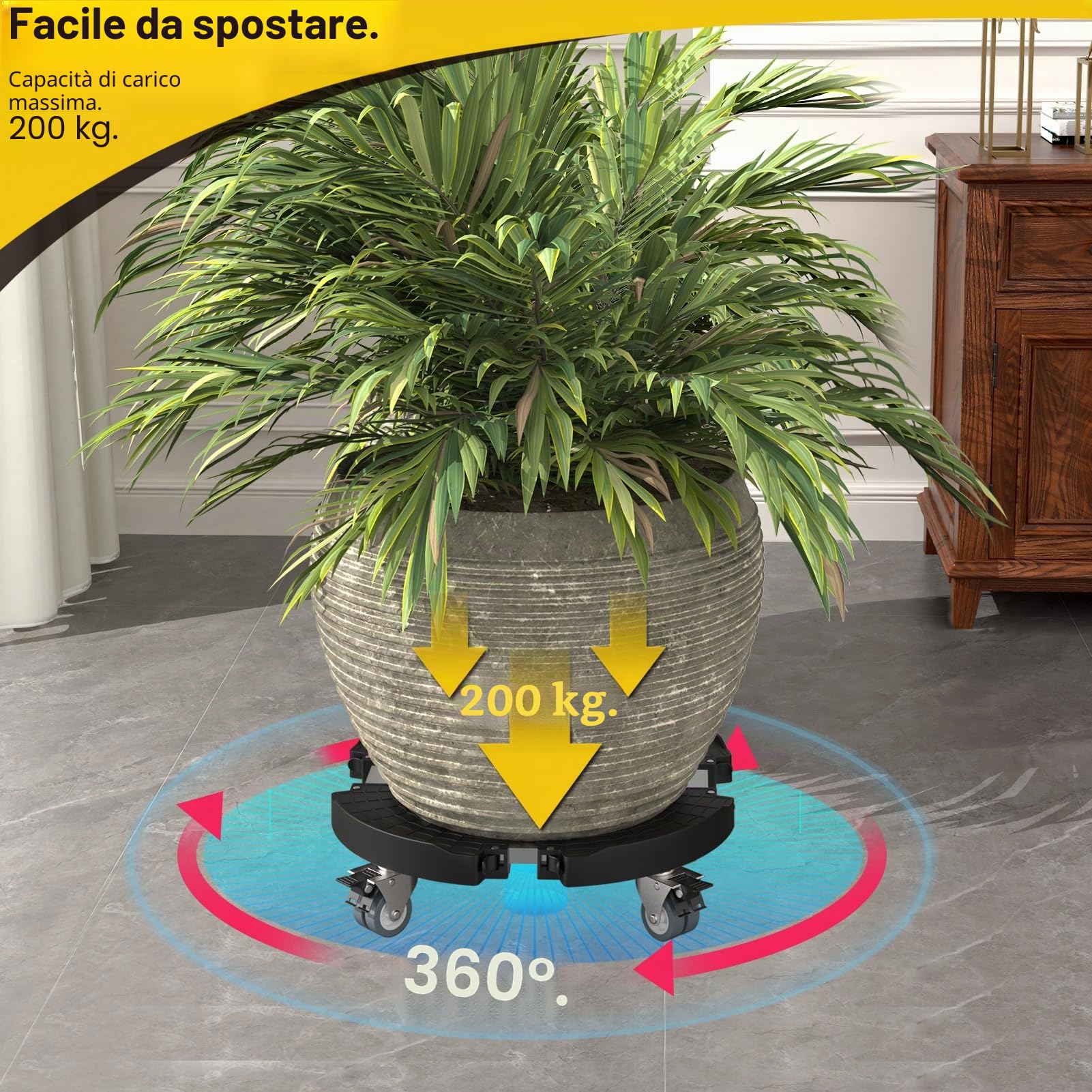 WELDUN Rullo per Piante Ø 40 – 57 cm, Portata 200 kg, sottovaso con Ruote girevoli bloccabili, Rotolo per Fiori per Esterni e Interni, Confezione da 2