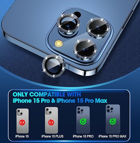 Miniatura 2 de Xfilm Protector de lente de cámara para iPhone 15 ProiPhone 15 Pro Max, anillo de purpurina de metal individual con purpurina de dureza 9H,